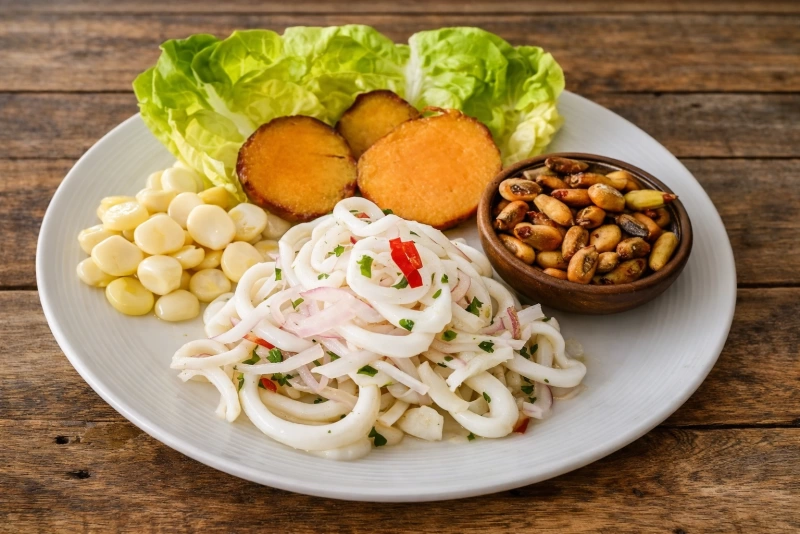 Ceviche de calamar en anillos con cebolla roja, ají limo y culantro, servido con camote y choclo.