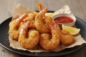 Camarones empanizados dorados y crujientes en plato blanco