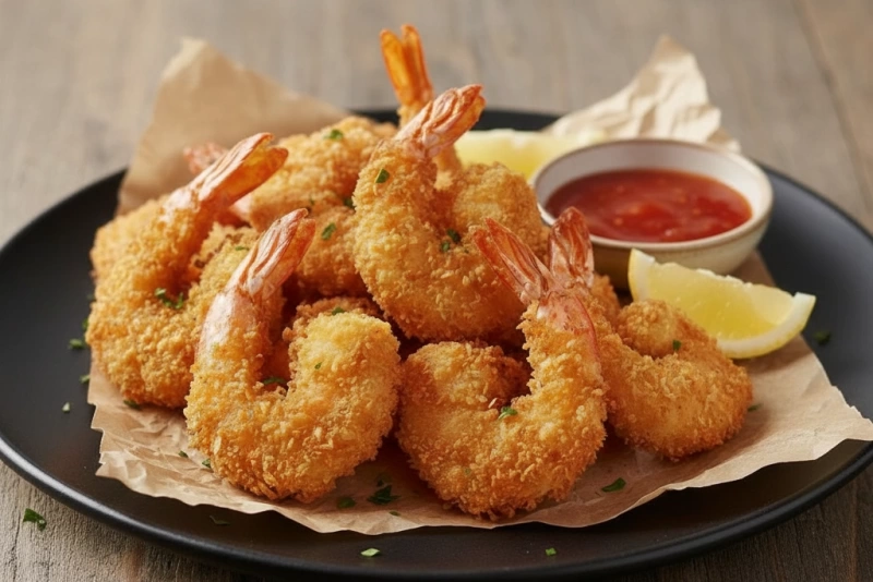 Camarones empanizados dorados y crujientes en plato blanco