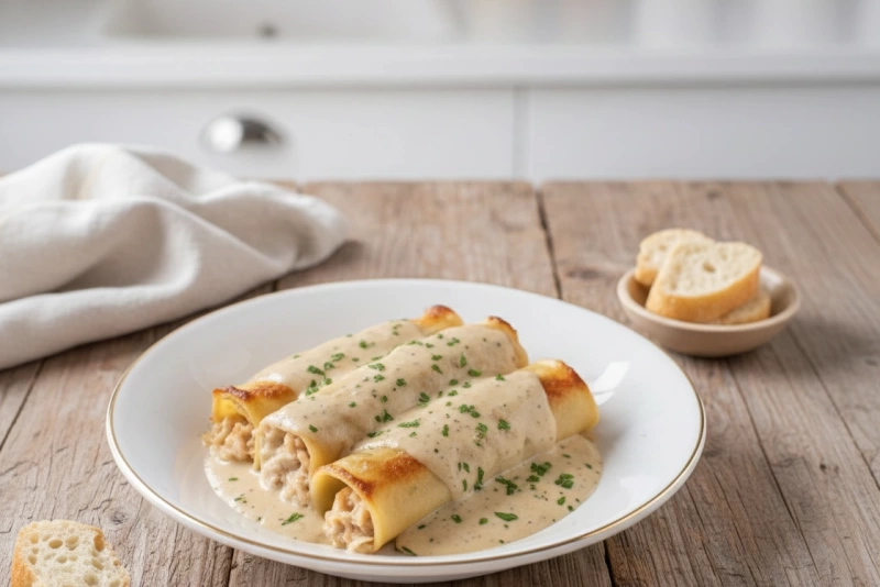 Canelones de pescado con salsa cremosa y queso gratinado