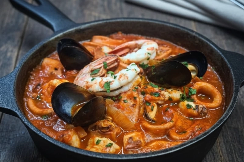 Cazuela de mariscos servida en un cuenco de cerámica humeante