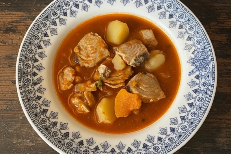 Delicioso marmitako de bonito servido en plato hondo