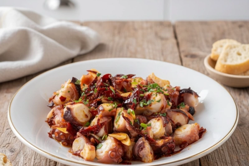 Pulpo al ajillo servido en un plato con perejil fresco