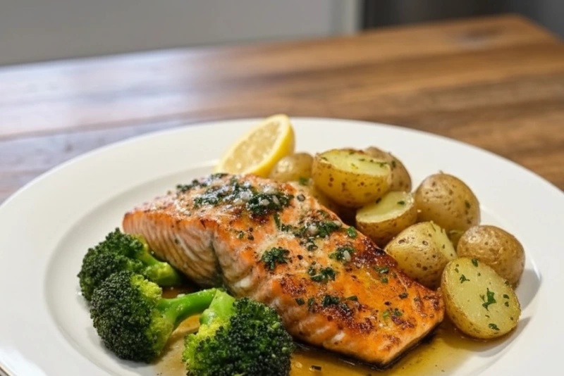 Salmón al horno dorado y jugoso servido con limón y hierbas