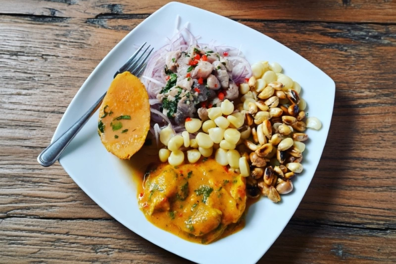 Ceviche de perico fresco en plato blanco con cebolla roja, ají limo, camote y choclo peruano.