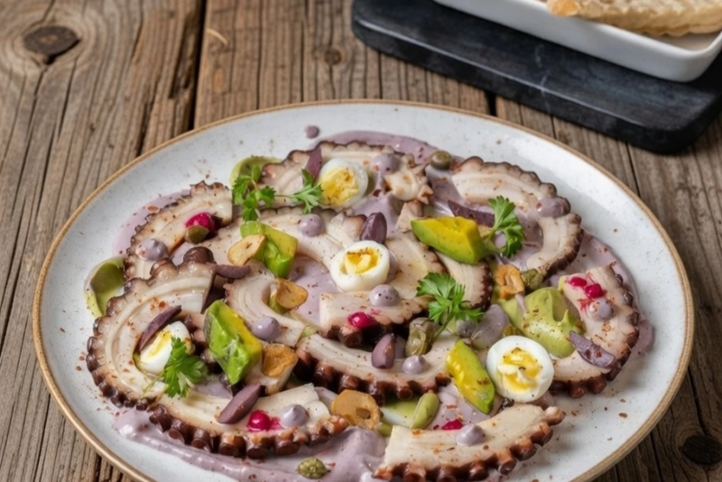 Delicioso pulpo al olivo servido con aceitunas y salsa cremosa