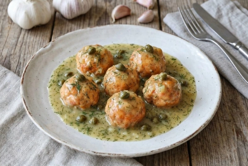 Albóndigas de pescado servidas en un plato blanco elegante