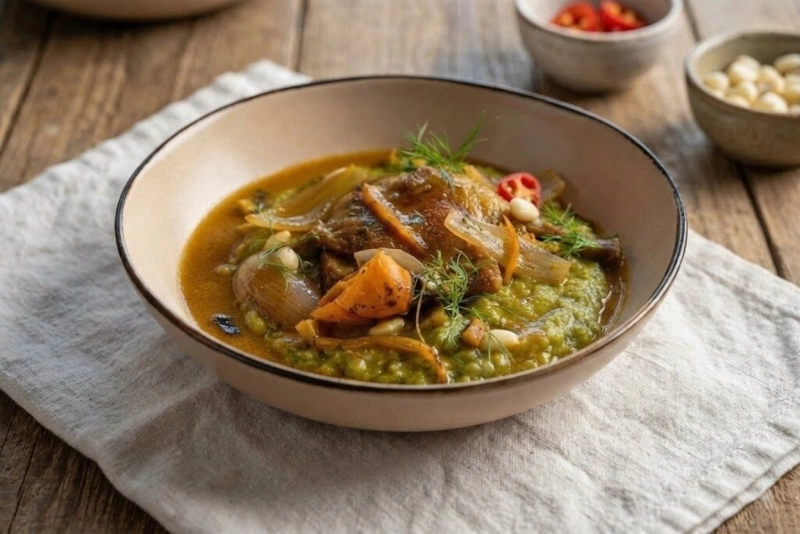 Ceviche de pato caliente con abundante cebolla roja, ají amarillo y yucas en un plato de barro.