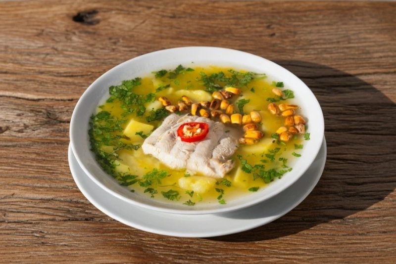 Caldo de chilcano de pescado caliente servido en tazón blanco con cebollita china y limón.