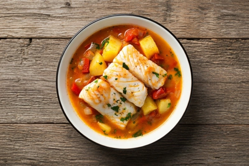 Delicioso chupín de pescado servido en un plato hondo