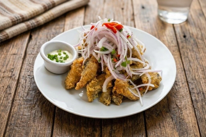 Jalea mixta peruana con trozos de pescado frito, calamares, yucas y salsa criolla de cebolla roja.