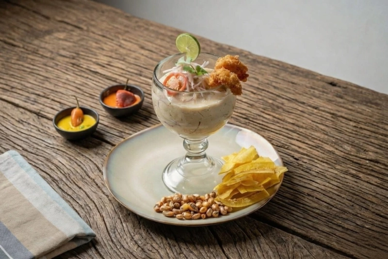 Delicioso plato peruano de leche de tigre en un tazón