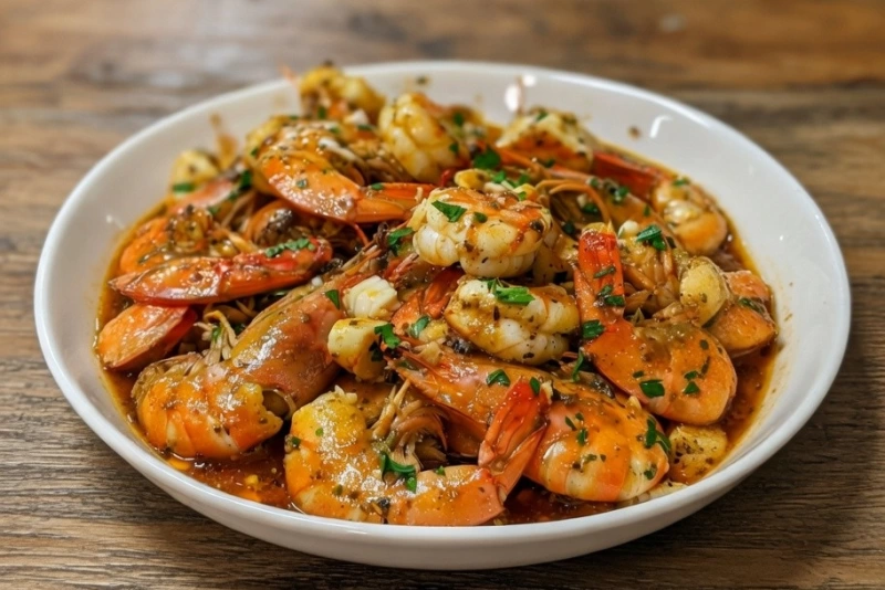 Mariscos al ajillo con langostinos y calamares salteados en sartén con ajo, perejil y mantequilla.
