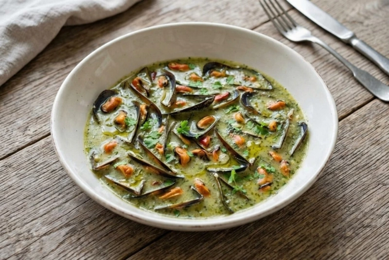 Deliciosos mejillones en salsa verde preparados en casa