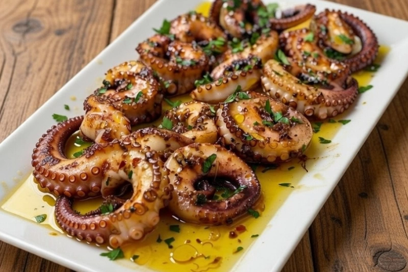 Pulpo al horno dorado con especias y guarnición de patatas