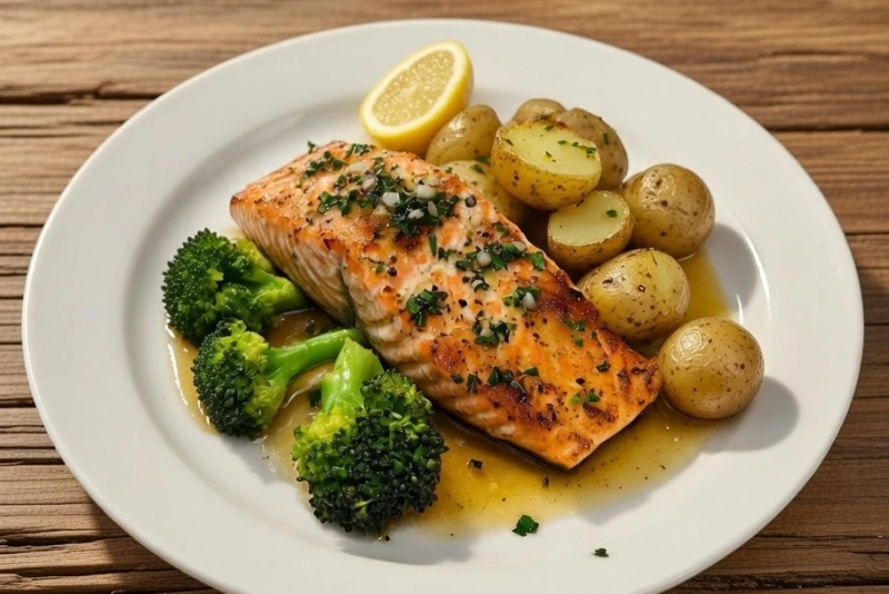 Salmón marinado con hierbas frescas y rodajas de limón