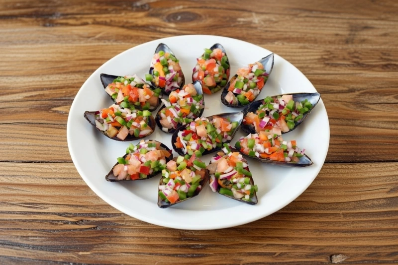 Delicioso salpicón de mejillones servido en un plato colorido