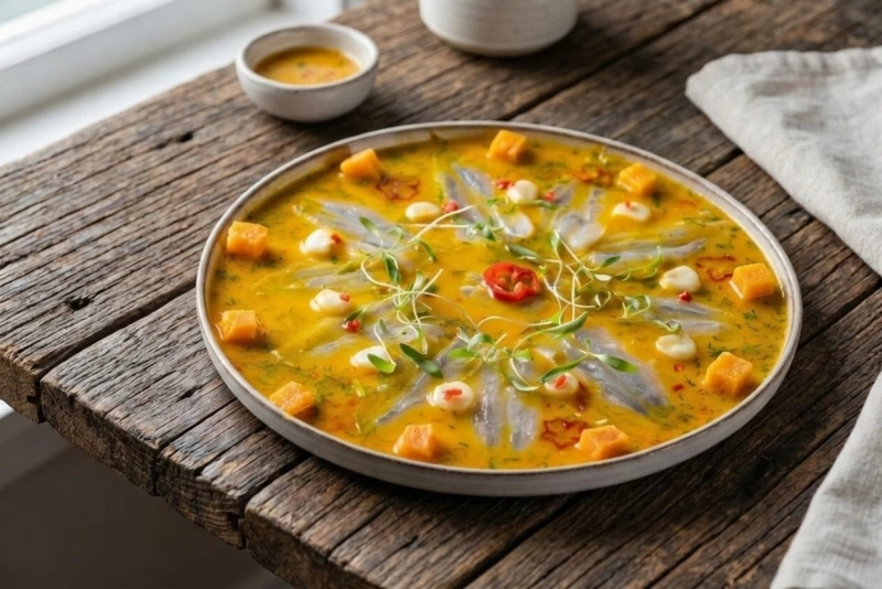 Delicioso tiradito de pescado con salsa cremosa y limón