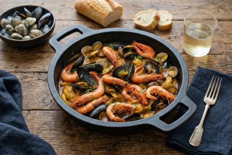 Deliciosa zarzuela de pescado con mariscos y salsa sabrosa