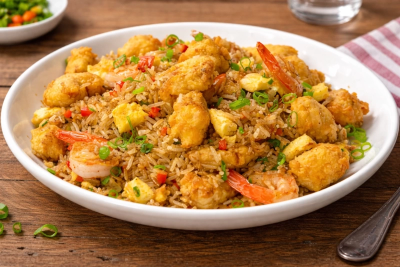 Delicioso arroz chaufa de pescado listo para disfrutar