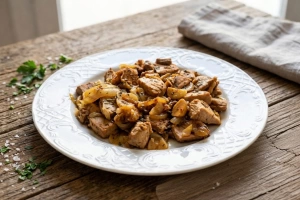 Plato tradicional de atún encebollado con cebolla caramelizada y laurel en cazuela de barro.