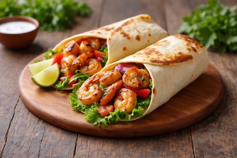 Burritos de camarón con queso fundido y salsa chipotle servidos en un plato.