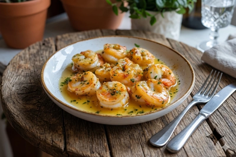Camarones al ajillo dorados con perejil y ajo fresco