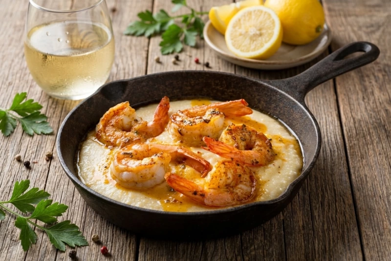 Deliciosos camarones al vino con hierbas frescas y ajo