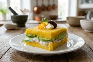 Causa de atún limeña servida en plato blanco