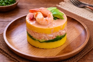 Deliciosa causa de langostinos con aguacate y mayonesa