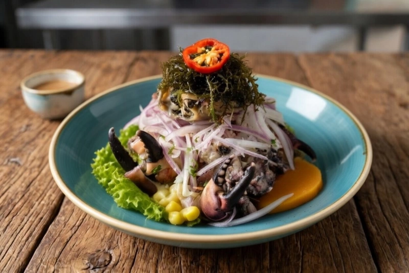 Ceviche de cangrejo fresco y delicioso en plato blanco
