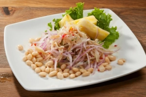 Delicioso ceviche de chiringuito con frescos ingredientes peruanos