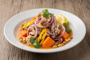 Ceviche de muy muy fresco y colorido en plato peruano