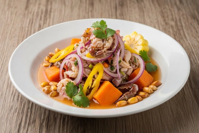 Ceviche de muy muy fresco y colorido en plato peruano