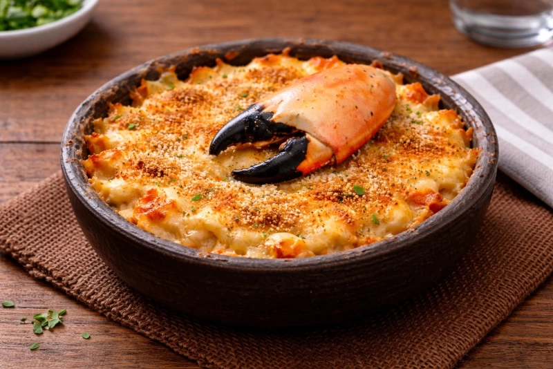 Delicioso chupe de jaiba servido en un plato hondo blanco