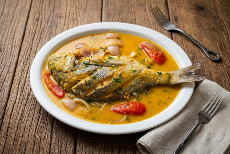 Delicioso chupe de pescado servido en un plato hondo blanco