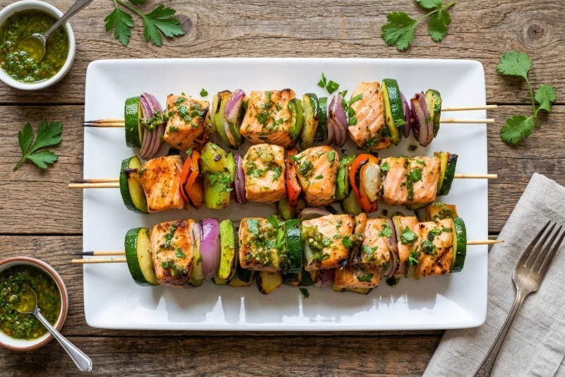 Brochetas de salmón jugosas y coloridas listas para servir