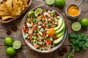Ceviche de camarones colombiano en plato blanco con limón