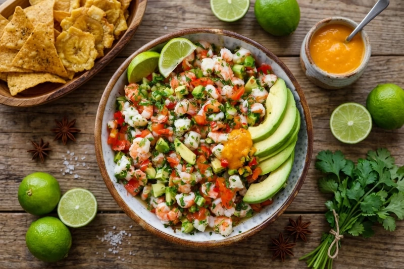 Ceviche de camarones colombiano en plato blanco con limón