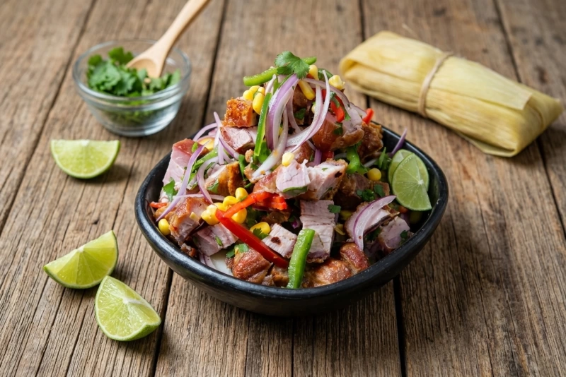 Delicioso ceviche de chicharrón en plato blanco