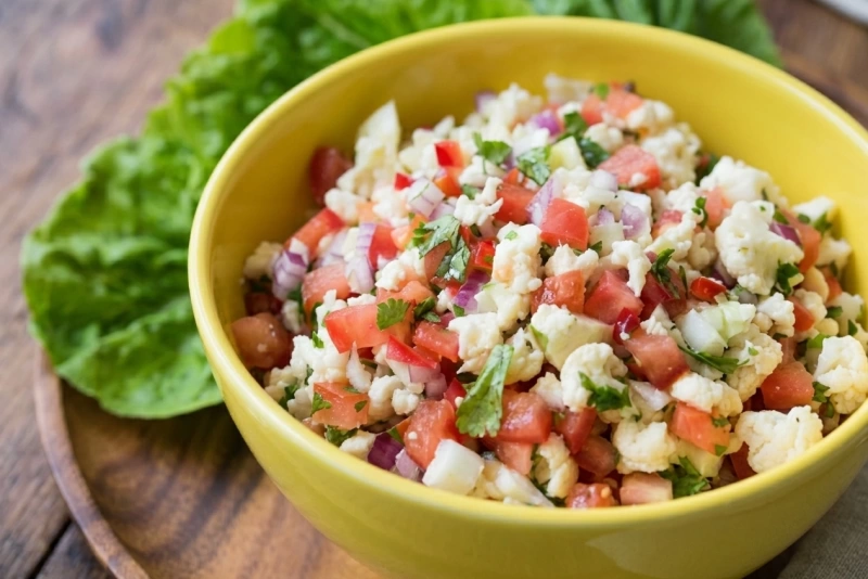 Delicioso ceviche de coliflor colorido y fresco
