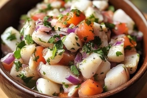 Ceviche de pescado ecuatoriano fresco y colorido en un plato