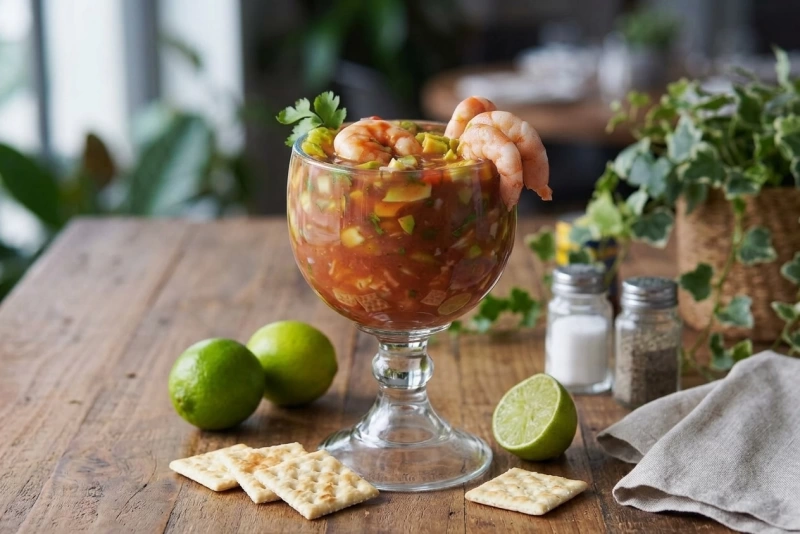 Cóctel de camarones fresco y delicioso en copa elegante