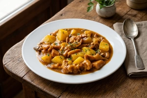 Guiso de sepia con patatas en plato hondo listo para servir