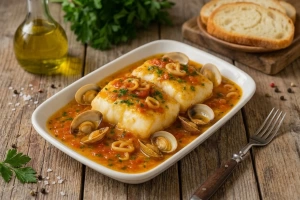 Deliciosa merluza a la cazuela con verduras y especias frescas