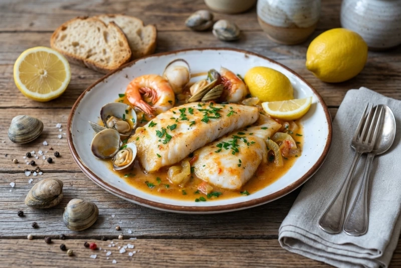 Merluza a la marinera con salsa y mariscos deliciosos