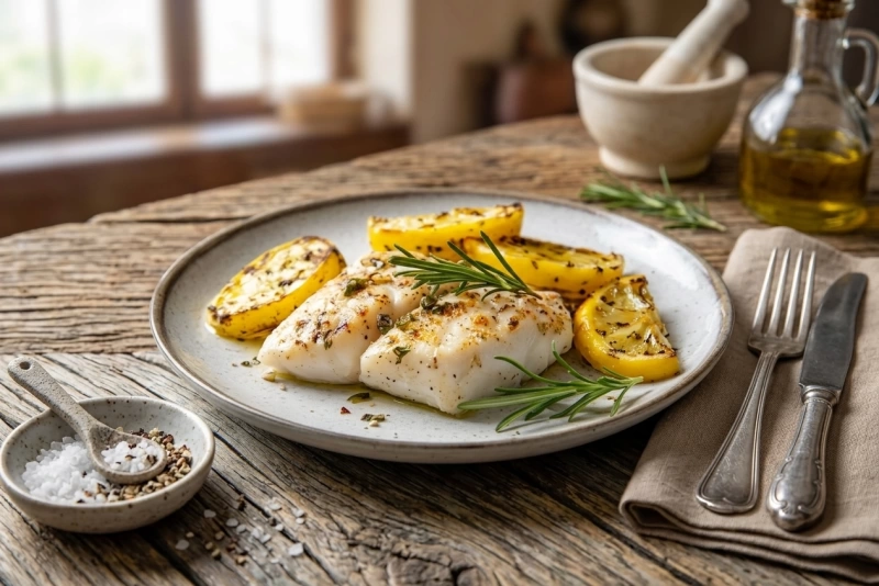 Deliciosa merluza al horno con hierbas y limón