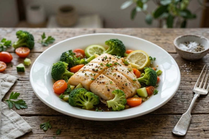 Merluza al vapor con verduras frescas y limón en plato blanco