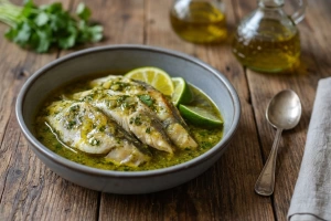 Merluza en salsa verde con guisantes y perejil fresco