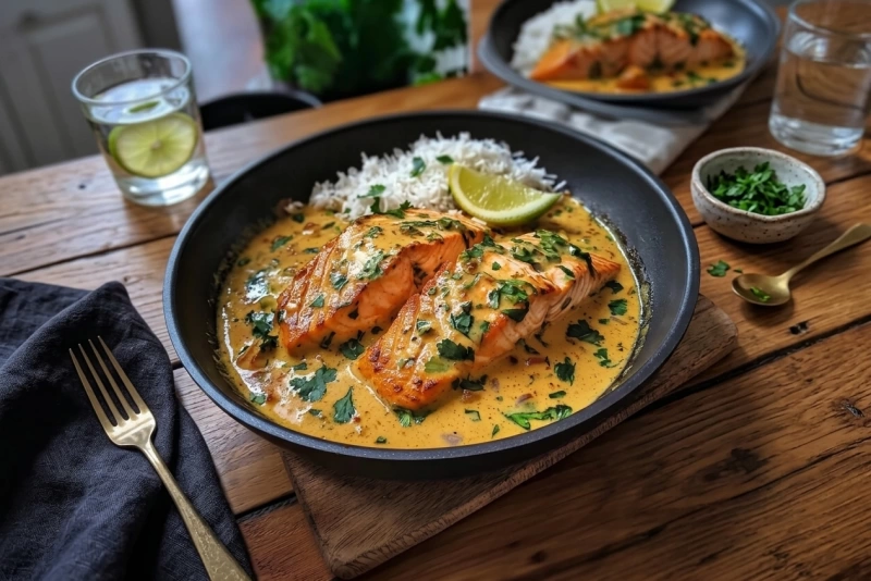 Plato de salmón al curry con arroz y verduras frescas